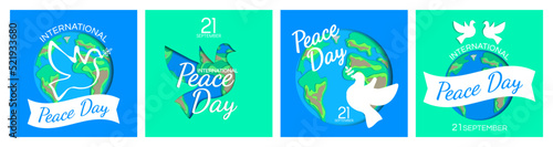 international peace day square banners design set  with earth planet and dove for social media vector illustration paper cut style