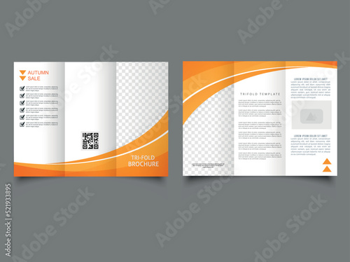 Tri fold wave brochure layout, orange and white flyer. For design and print. orange wavy tri-fold brochure template.