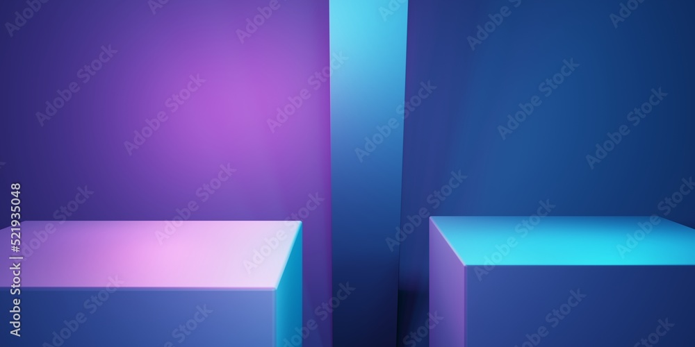 3d rendering of purple and blue neon light abstract geometric background. Scene for advertising, technology, showroom, business, future, modern, sport, metaverse. Sci Fi Illustration. Product display