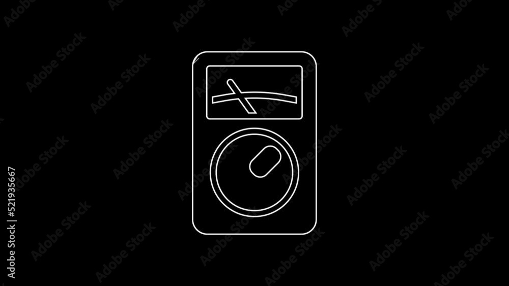 White line Ampere meter, multimeter, voltmeter icon isolated on black background. Instruments for measurement of electric current. 4K Video motion graphic animation White line Ampere meter, multimeter, voltmeter icon isolated on black background. Instruments for measurement of electric current. 4K Video motion graphic animation
