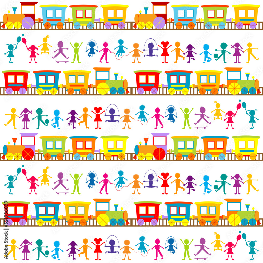 Background for kids with cartoon stylized hand drawn colored children and trains