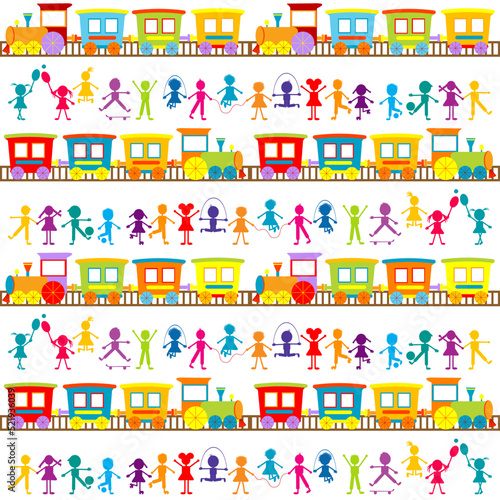 Background for kids with cartoon stylized hand drawn colored children and trains