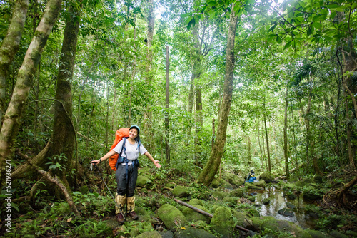 Backpackers stand happily in the vast green forest.