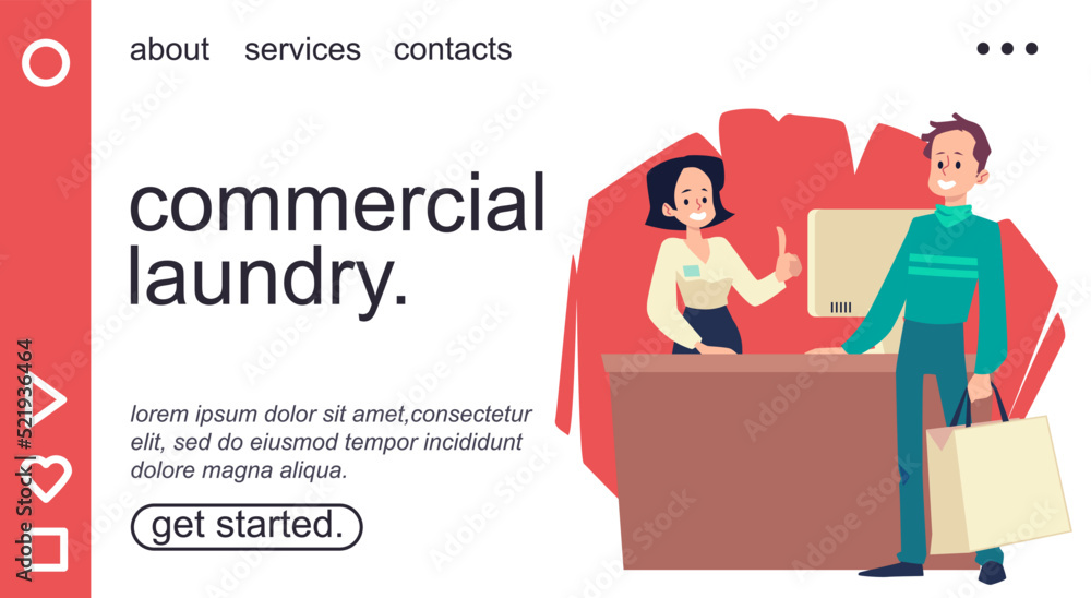 Commercial laundry and public launderette website flat vector illustration. Commercial laundry and public launderette website flat vector illustration.