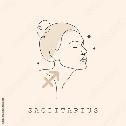 Sagittarius zodiac sign. One line drawing. Astrological icon with abstract woman face. Mystery and esoteric outline logo. Horoscope symbol. Linear vector illustration in minimalist style.