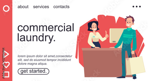 Commercial laundry and public launderette website flat vector illustration.