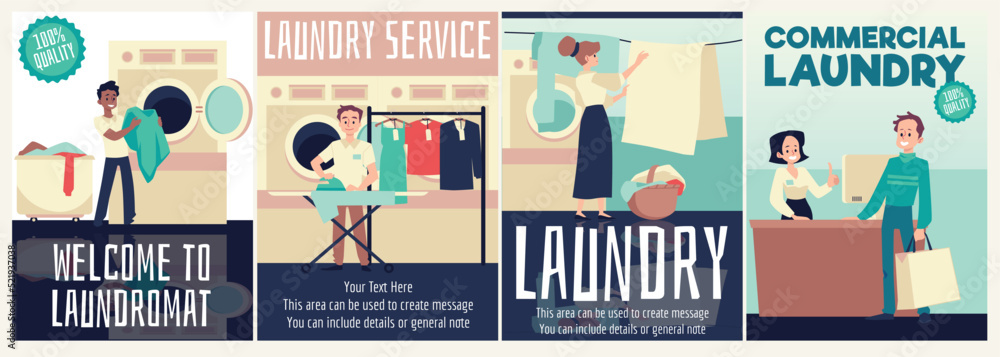 Commercial public laundromat banners or flyers flat vector illustration.