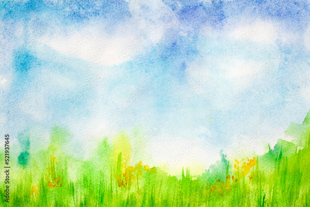 Green grassy meadow with cloudy blue sky. Watercolor. Illustration. hand painted background. Delicate background for invitation cards.