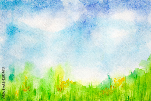 Green grassy meadow with cloudy blue sky. Watercolor. Illustration. hand painted background. Delicate background for invitation cards. © kolyadzinskaya