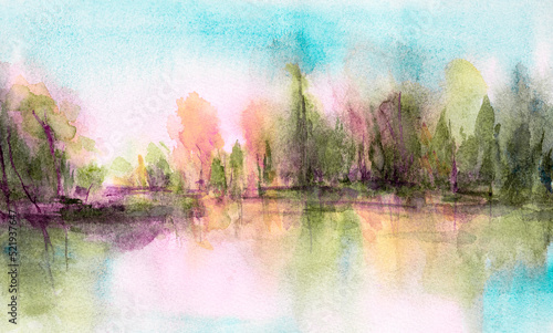delicate colorful landscape. Watercolor, gouache. Freehand drawing. Trees by the water. Beautiful sunrise or sunny day. Delicate background for invitation cards.