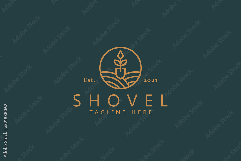 Shovel Natural Leaf Logo. Premium Badge Brand Identity Design Template.