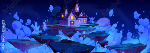 Fantasy game background with magic floating islands and house at night. Vector cartoon illustration with flying ground pieces of summer landscape with green grass, cottage and clouds in sky