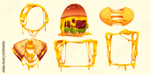 Set of melted cheese frames, burger and sandwich. Cartoon fast food meals with dripping cheesy stretches, square and round borders, isolated design elements for fast food menu, Vector illustration