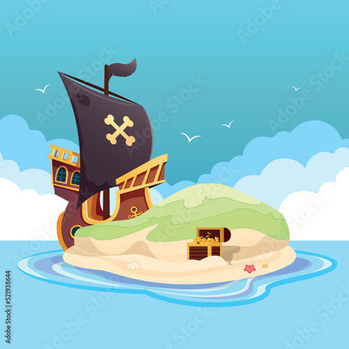 Vector cartoon illustration of sea landscape with wooden ship with skull on black sails. Treasure chest on small island beach