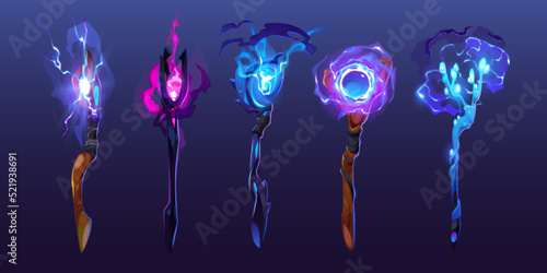 Magic staves with vfx of spells, wizard or magician scepters isolated on background. Vector cartoon set of sorcerer wooden sticks. black wands with glow and lightnings