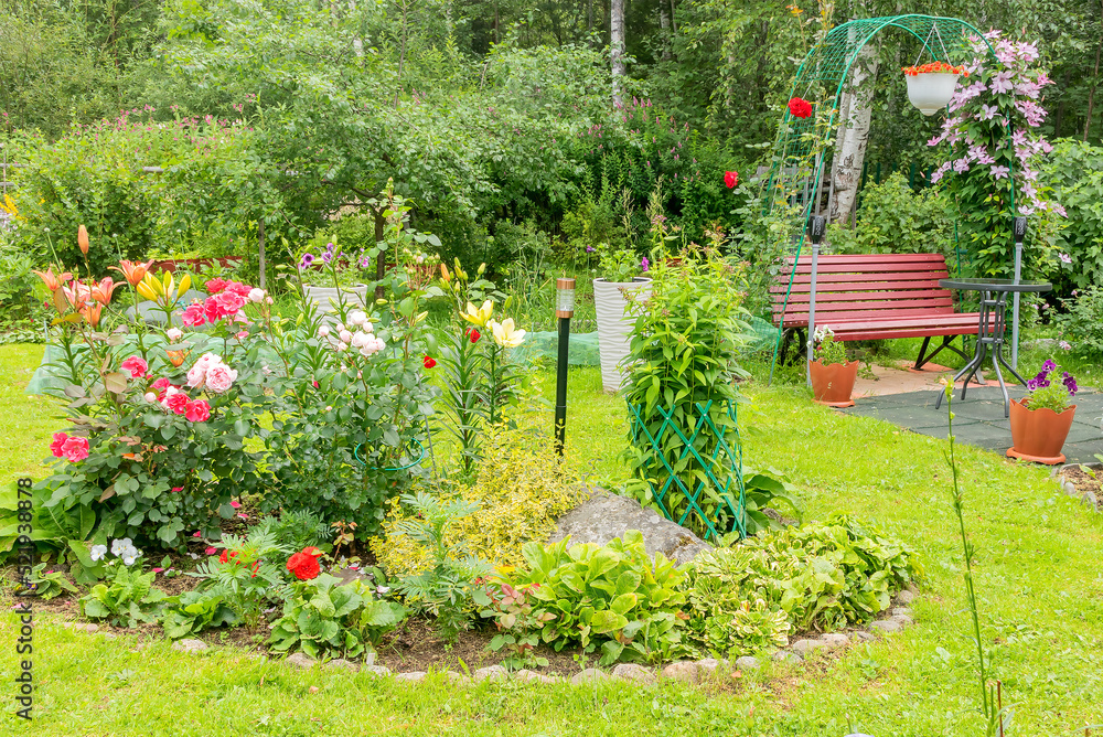 Part of the garden yard with a variety of flowers and plants, a wooden bench for relaxing.