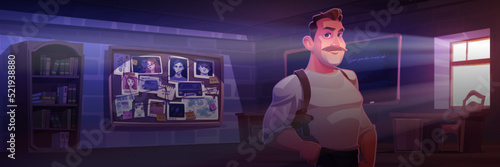 Man inspector in police department cabinet investigate crime. Vector cartoon illustration of detective agency office with man with gun in holster, cork board with evidences, bookcase and table