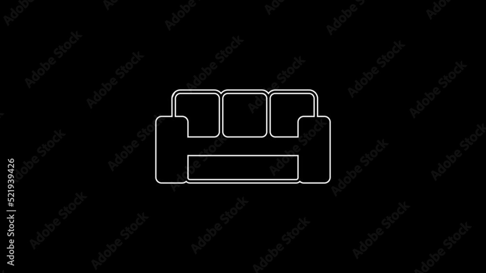 White line Sofa icon isolated on black background. 4K Video motion graphic animation White line Sofa icon isolated on black background. 4K Video motion graphic animation