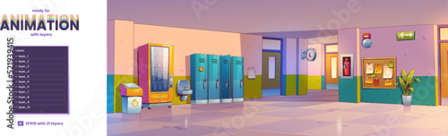 School hallway, corridor interior layers ready for animation. Parallax background with lockers, vending machine, schedule. College campus hall Cartoon 2d graphics for game, vector illustration