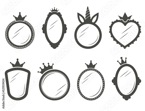 Vintage princess mirrors in royal style on white background. Retro frames design with crown for baby girl birthday and party. Vector silhouette.
