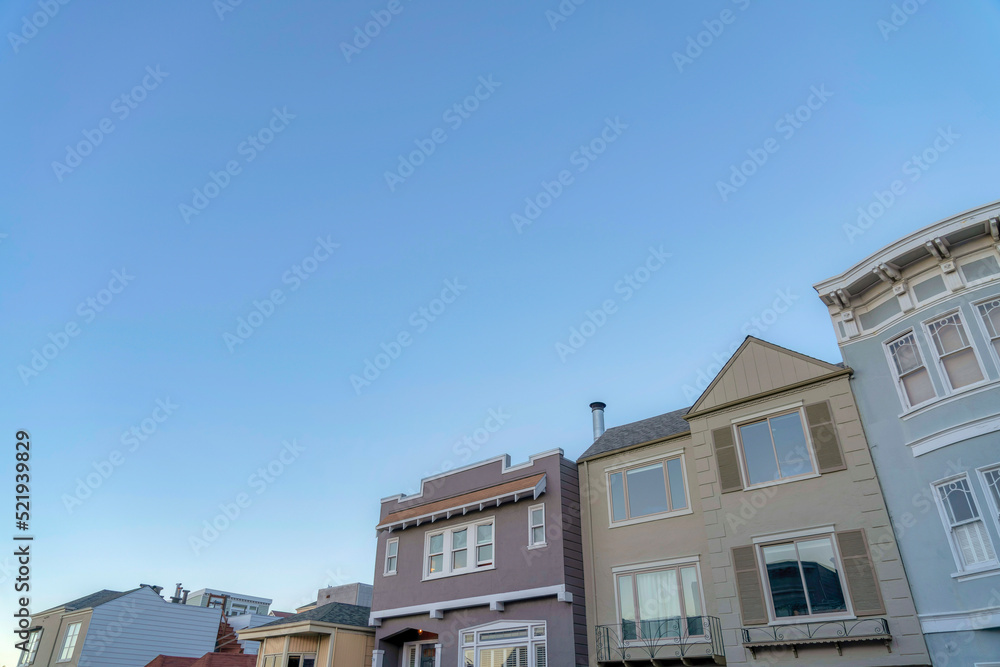 Low angle slanted view of suburban houses in San Francisco, California