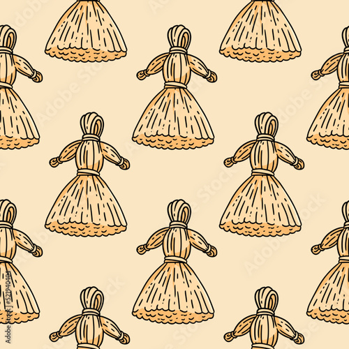 Cute cartoon straw dolls doodles seamless border pattern. Vector repeatable Marena dolls background texture tile. Cozy template of stock image for wrapping design