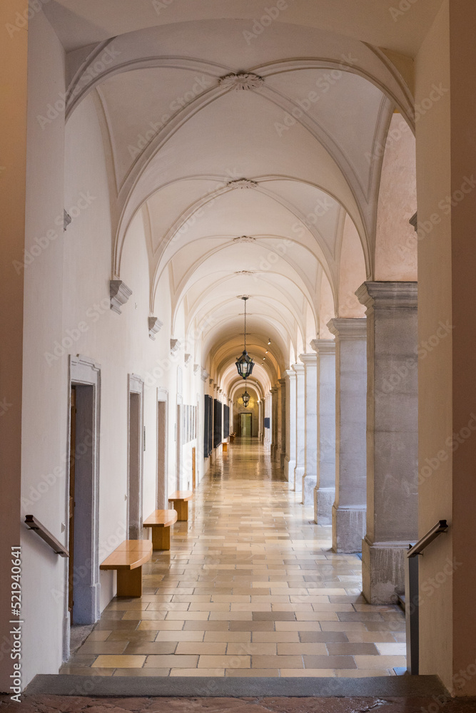 Long old corridor with gothic archs
