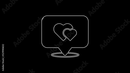 White line Map pointer with heart icon isolated on black background. Valentines day. Love location. Romantic map pin. 4K Video motion graphic animation