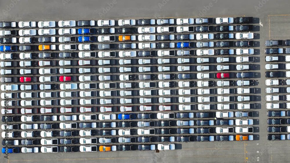 New automobiles background which lined up in the port for import and export business logistic to dealership for sale,Abovel view New automobiles background which lined up in the port for import and export business logistic to dealership for sale,Abovel view