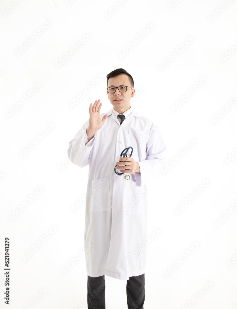 portrait of young asian doctor with unhappy face isolated on white background portrait of young asian doctor with unhappy face isolated on white background
