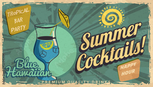 Summer Blue Hawaiian Cocktail Retro banner. Cocktail lounge vintage background, scratched old textured paper