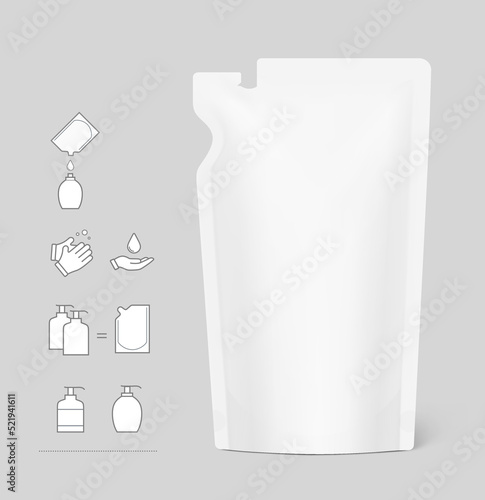 Pouch bag with torn corner. Vector illustration. Perfect for final pack shot. Can be use for refilling soap, liquids. The corner is easy to tear off by hand. EPS10.