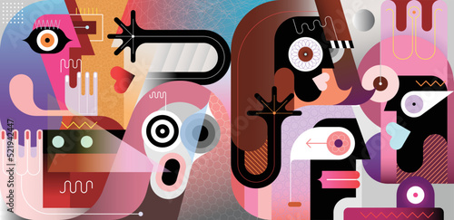 Vector illustration of a group of people. Seven different people meet and have a nice conversation.