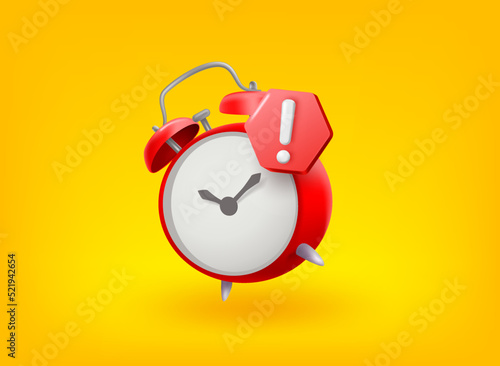Alarm clock with exclamation point. Vector 3d illustration