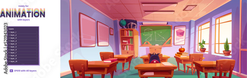 School classroom for math learning with chalkboard, wooden tables and chairs. Vector parallax background ready for 2d animation with cartoon illustration of empty class interior