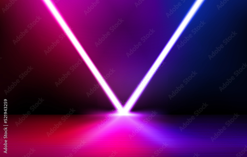 Dark studio with glowing neon lamps with V symbol. 3d vector illustration Dark studio with glowing neon lamps with V symbol. 3d vector illustration