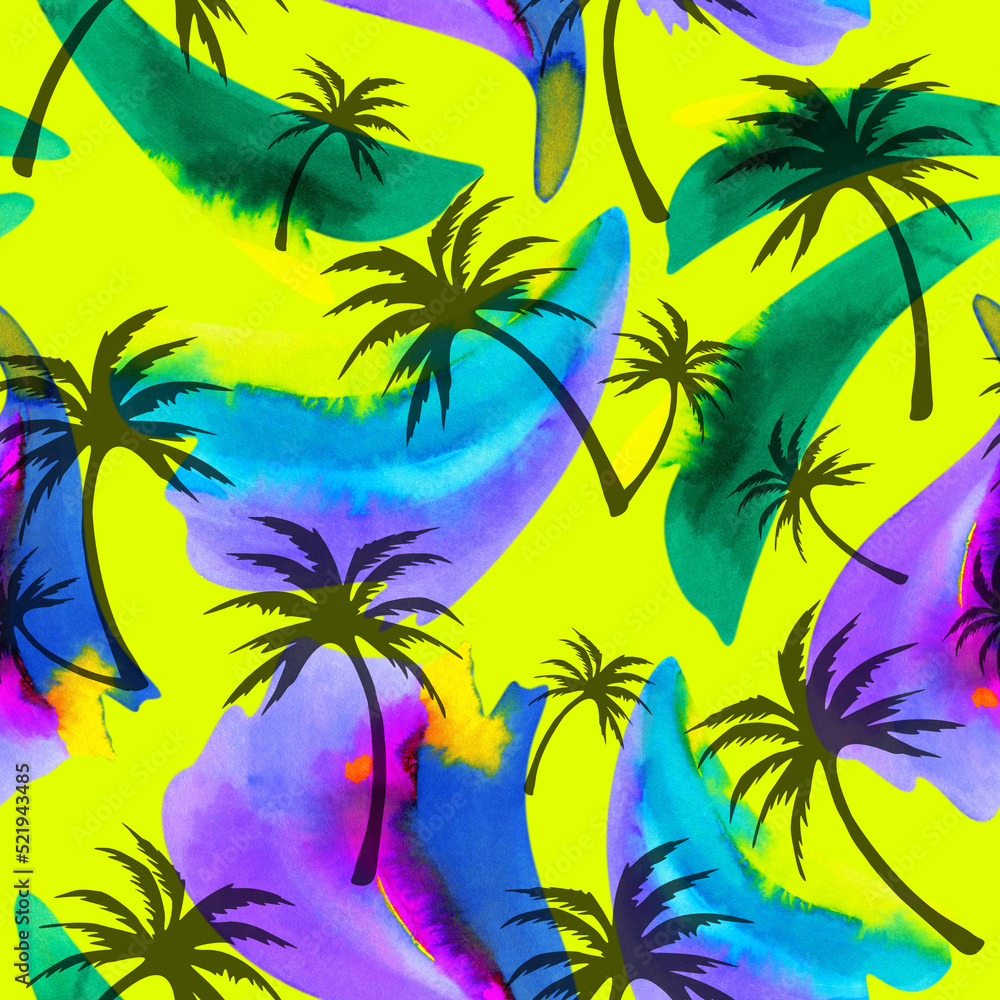 Palm trees silhouettes on abstract watercolor background, seamless tropical pattern