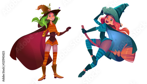 Beautiful young women in witch costumes with cape and hat isolated on white background. Vector cartoon illustration of Halloween characters, magician girls flying on broom