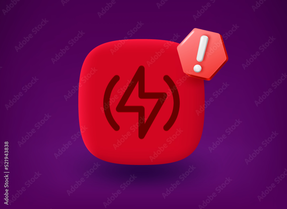 Red button with flash up icon and notice pictogram. 3d vector