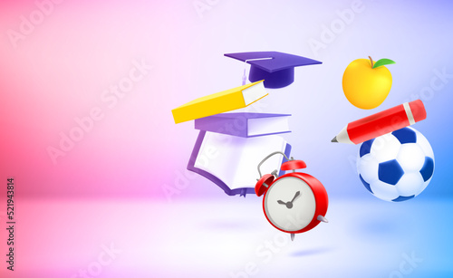 Back to school concept with 3d elements. 3d vector banner with holographic effect