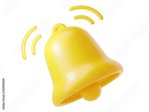 Notification bell icon 3d render - cute cartoon illustration of simple yellow bell for reminder or notice concept. Symbol for attracting attention or to indicate new information and message.