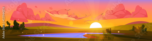 Cartoon nature sunset landscape. Pond at green field with bushes at morning sunrise or early evening. Scenery background with lake and pink sky, natural scene, Vector illustration