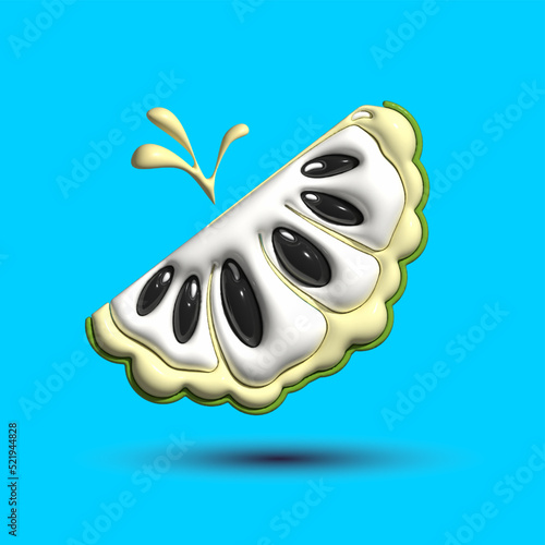 3d vector render realistic of custard apple slice with different types of minimalism in a cartoon style. Design glossy emotions. 3d render realistic fruit icon. 3d vector custard apple