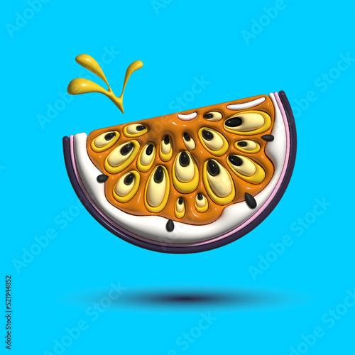 3d vector render realistic of passion fruit slice with different types of minimalism in a cartoon style. Design glossy emotions. 3d render realistic fruit icon. 3d vector passion fruit