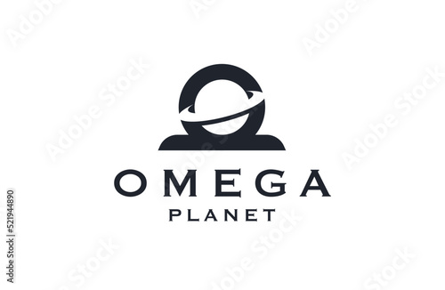 Omega symbol with planet shape logo icon design template flat vector illustration