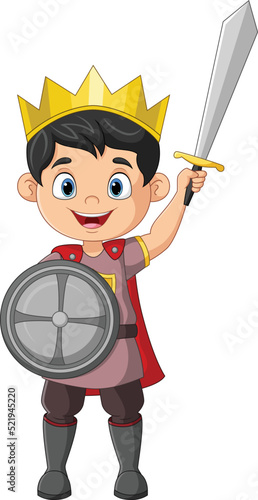 Cartoon little prince holding a sword and shield