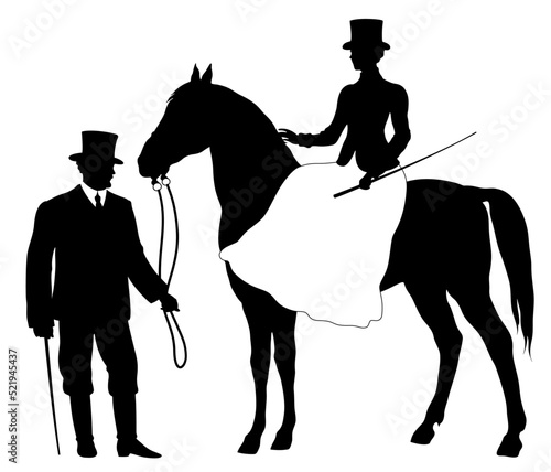 Young victorian couple with man standing and woman on horseback. Elegant couple in historical clothing with horse.