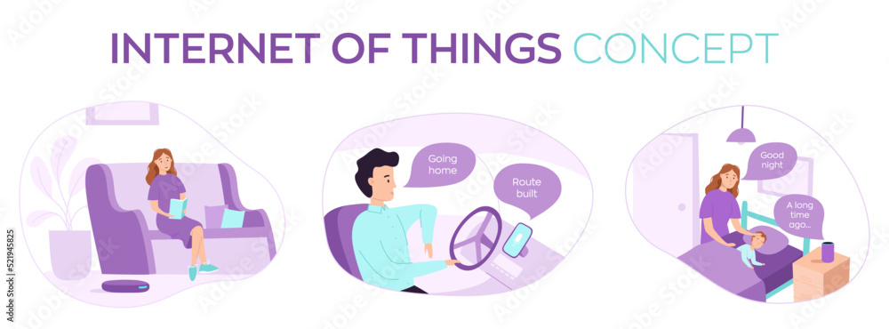Set of three vector illustrations on the theme of the Internet of things. The robot vacuum cleaner, voice assistant and smart speaker help the family in everyday life. Flat style illustrations for web Set of three vector illustrations on the theme of the Internet of things. The robot vacuum cleaner, voice assistant and smart speaker help the family in everyday life. Flat style illustrations for web