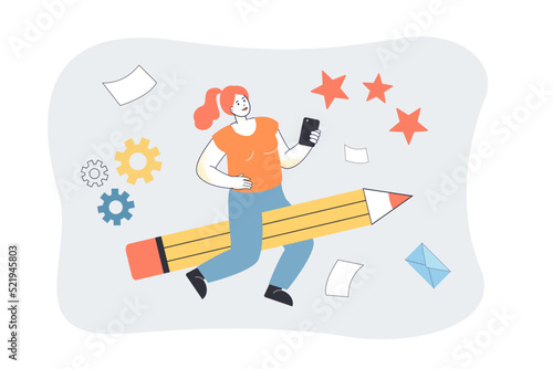 Woman sitting on huge pencil flat vector illustration. Female copy -writer writing for social media. Occupation, marketing, freelance, journalism concept for banner, website design or landing web page