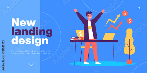 Happy businessman investing in rising bitcoin. Financial increase of mans investment in stock market flat vector illustration. Crypto money concept for banner, website design or landing web page